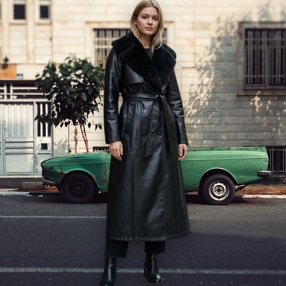 Vintage style SHEIN Black Faux Leather Long Trench Coat with Shearling Collar - Picture 7 of 17